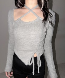 ※※【 3color 】クロスネックシャーリングリボンシャギートップス / cross neck shirring ribbon shaggy tops