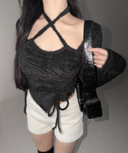 me+em select(ミームセレクト)の「※※【 3color 】クロスネックシャーリングリボンシャギートップス / cross neck shirring ribbon shaggy tops(その他トップス・レディース・ホワイト/ブラック/グレー・FREE)」の10枚目の写真