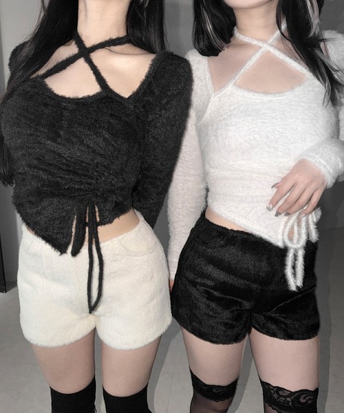 me+em select(ミームセレクト)の「※※【 3color 】クロスネックシャーリングリボンシャギートップス / cross neck shirring ribbon shaggy tops(その他トップス・レディース・ホワイト/ブラック/グレー・FREE)」の11枚目の写真