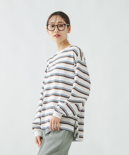 GLOBAL WORK（グローバルワーク）の「ヘビロッTEEボーダー長袖/636713（Tシャツ/カットソー・レディース・ホワイト系8/ホワイト系その他/ブラウン系その他/グレー系その他・LARGE/MEDIUM）」の3枚目の写真