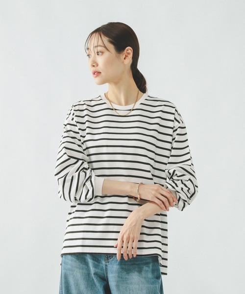 GLOBAL WORK（グローバルワーク）の「ヘビロッTEEボーダー長袖/636713（Tシャツ/カットソー・レディース・ホワイト系8/ホワイト系その他/ブラウン系その他/グレー系その他・LARGE/MEDIUM）」の2枚目の写真