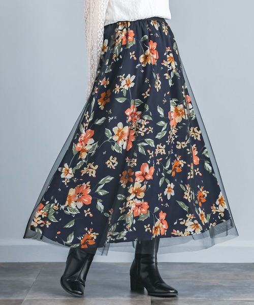 n'OrLABEL(ノアールレーベル)の「『花柄プリントチュールレイヤードスカート』(スカート・レディース・グリーン/ブラック・FREE)」の1枚目の写真