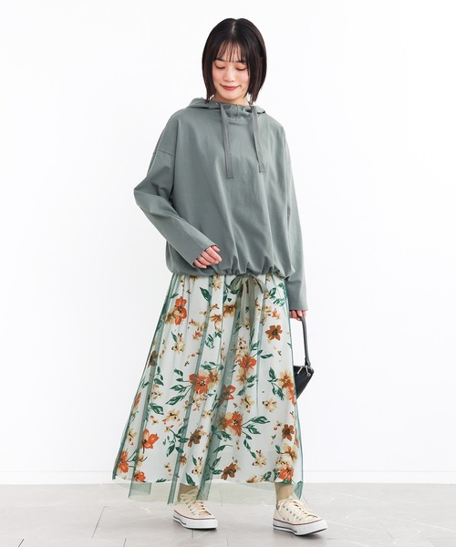 n'OrLABEL(ノアールレーベル)の「『花柄プリントチュールレイヤードスカート』(スカート・レディース・グリーン/ブラック・FREE)」の5枚目の写真