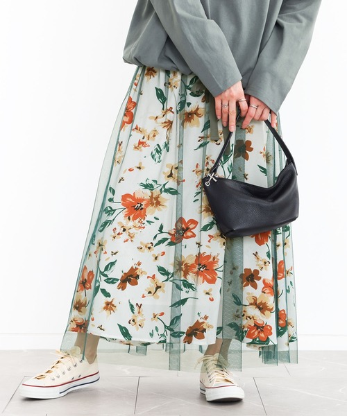 n'OrLABEL(ノアールレーベル)の「『花柄プリントチュールレイヤードスカート』(スカート・レディース・グリーン/ブラック・FREE)」の4枚目の写真