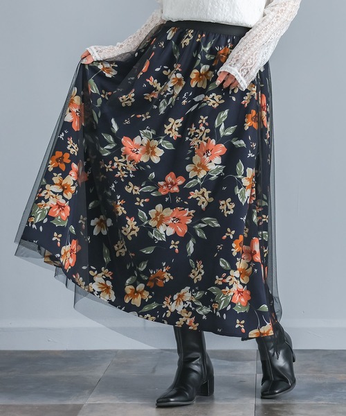 n'OrLABEL(ノアールレーベル)の「『花柄プリントチュールレイヤードスカート』(スカート・レディース・グリーン/ブラック・FREE)」の8枚目の写真