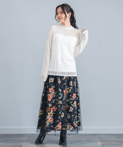 n'OrLABEL(ノアールレーベル)の「『花柄プリントチュールレイヤードスカート』(スカート・レディース・グリーン/ブラック・FREE)」の10枚目の写真