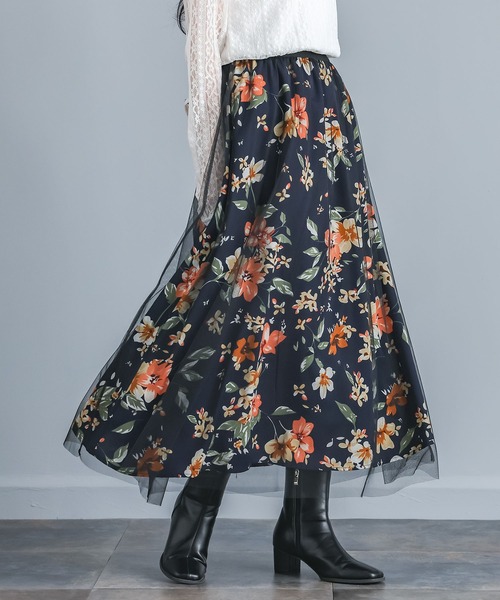 n'OrLABEL(ノアールレーベル)の「『花柄プリントチュールレイヤードスカート』(スカート・レディース・グリーン/ブラック・FREE)」の9枚目の写真