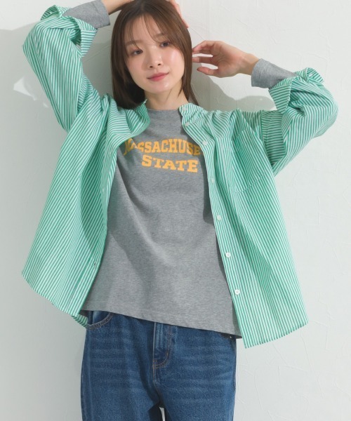 OMNES(オムネス)の「オーバーサイズバンドカラーストライプ長袖シャツ(シャツ/ブラウス・レディース・ネイビー/ブラック/グリーン・FREE)」の1枚目の写真