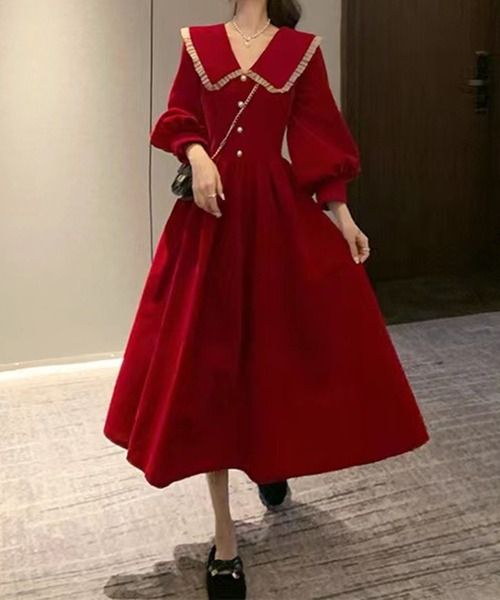 VIBGYOR(ヴィブジョー)の「襟付き フロントボタン Aラインワンピース(CZ)(ワンピース・レディース・レッド/ブラック・M/L)」の4枚目の写真