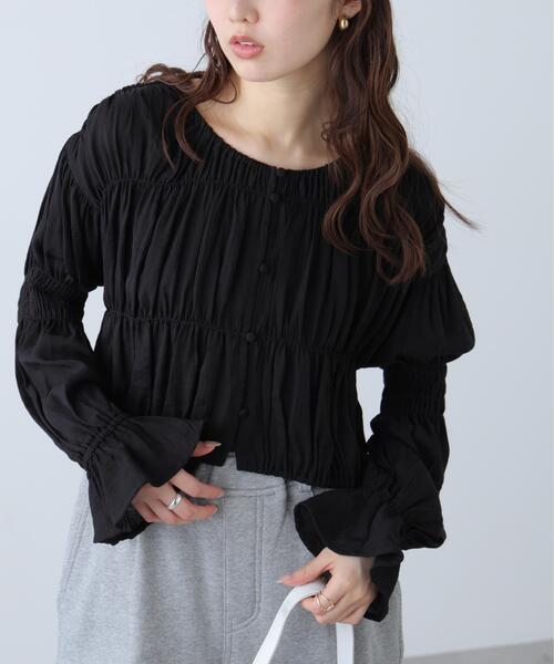 FREE'S MART（フリーズマート）の「◆シアーギャザー前開き短丈ブラウス（シャツ/ブラウス・レディース・ブルー/ホワイト/ブラック/グリーン系その他・FREE）」の7枚目の写真