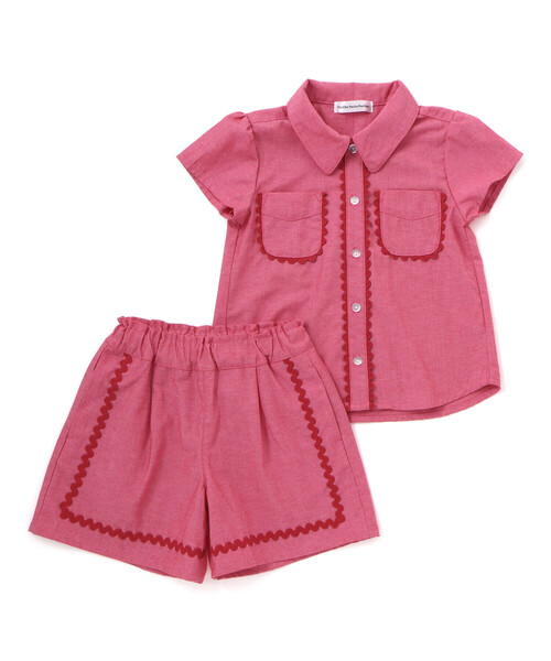 BeBe Petits Pois Vert（ベベプチポワヴェール）の「【店舗限定】ダンガリーブラウス＋ショートパンツセットアップ(95～150㎝)（セットアップ・キッズ・ブルー/レッド・110cm/130cm/140cm/120cm/150cm/100cm/95cm）」の9枚目の写真