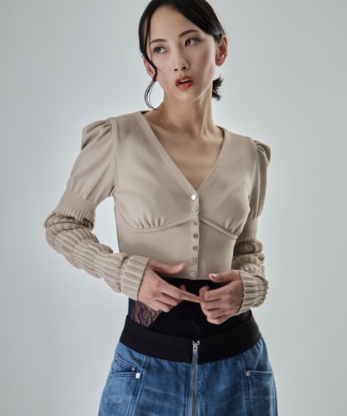 FETICO（フェティコ）の「【FETICO/フェティコ】《STUDIOUS別注》別注 STRIPE KNIT SHORT CARDIGAN/ストライプニットショートカーディガン（カーディガン/ボレロ・レディース・ブラウン/アイボリー/ブラック・FREE）」の7枚目の写真