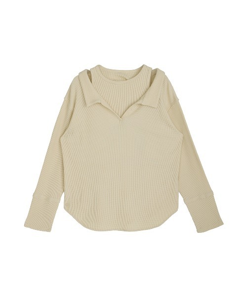 Ameri(アメリ)の「WAFFLE LAYERED DESIGN CUT TOP(Tシャツ/カットソー・レディース・カーキ/アイボリー/チャコールグレー・FREE)」の13枚目の写真