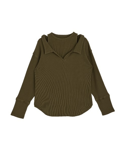 Ameri(アメリ)の「WAFFLE LAYERED DESIGN CUT TOP(Tシャツ/カットソー・レディース・カーキ/アイボリー/チャコールグレー・FREE)」の15枚目の写真