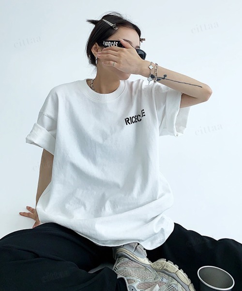 Dalfwin(ダールフィン)の「韓国ファッション RICECAKE英字プリント半袖Tシャツ(Tシャツ/カットソー・レディース・ホワイト/ブラック/グレー・FREE)」の5枚目の写真