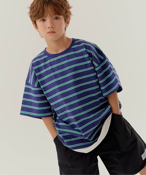 BREEZE(ブリーズ)の「【WEB限定】KUDOZ.B レイヤード先染めボーダー半袖Tシャツ(Tシャツ/カットソー・キッズ・グレー/ブラウン/ネイビー/イエロー・90/100/110/120/130/140/150/160)」の4枚目の写真