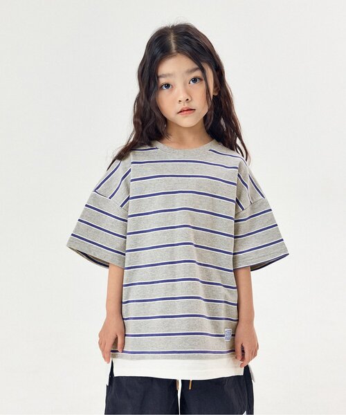 BREEZE(ブリーズ)の「【WEB限定】KUDOZ.B レイヤード先染めボーダー半袖Tシャツ(Tシャツ/カットソー・キッズ・グレー/ブラウン/ネイビー/イエロー・90/100/110/120/130/140/150/160)」の2枚目の写真