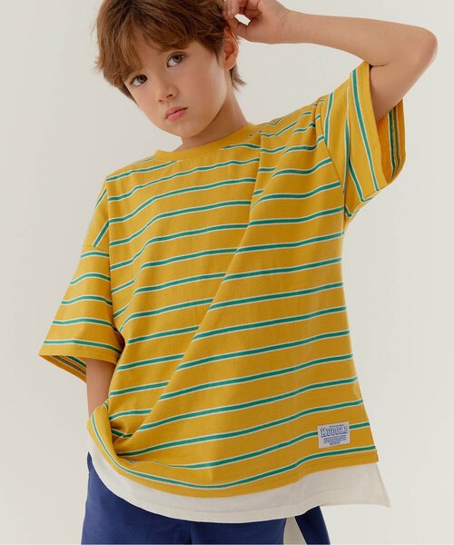 BREEZE(ブリーズ)の「【WEB限定】KUDOZ.B レイヤード先染めボーダー半袖Tシャツ(Tシャツ/カットソー・キッズ・グレー/ブラウン/ネイビー/イエロー・90/100/110/120/130/140/150/160)」の1枚目の写真