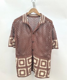 DOUBLE STEAL | DSクロシェ編みレトロ配色ニット半袖シャツ(Tシャツ/カットソー)