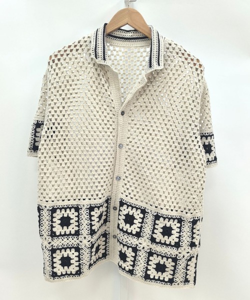 DOUBLE STEAL（ダブルスティール）の「DSクロシェ編みレトロ配色ニット半袖シャツ（Tシャツ/カットソー・メンズ・アイボリー/グレー/ブラウン/ホワイト・FREE）」の4枚目の写真