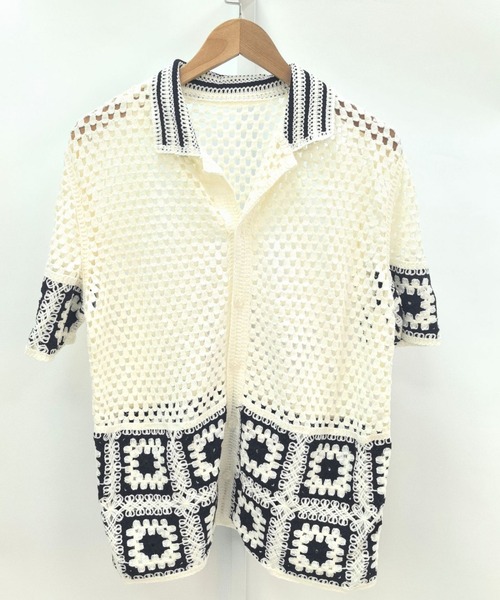 DOUBLE STEAL（ダブルスティール）の「DSクロシェ編みレトロ配色ニット半袖シャツ（Tシャツ/カットソー・メンズ・アイボリー/グレー/ブラウン/ホワイト・FREE）」の2枚目の写真