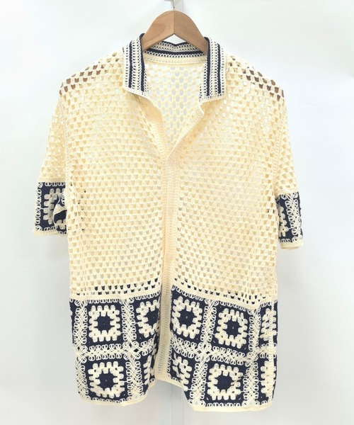 DOUBLE STEAL（ダブルスティール）の「DSクロシェ編みレトロ配色ニット半袖シャツ（Tシャツ/カットソー・メンズ・アイボリー/グレー/ブラウン/ホワイト・FREE）」の3枚目の写真