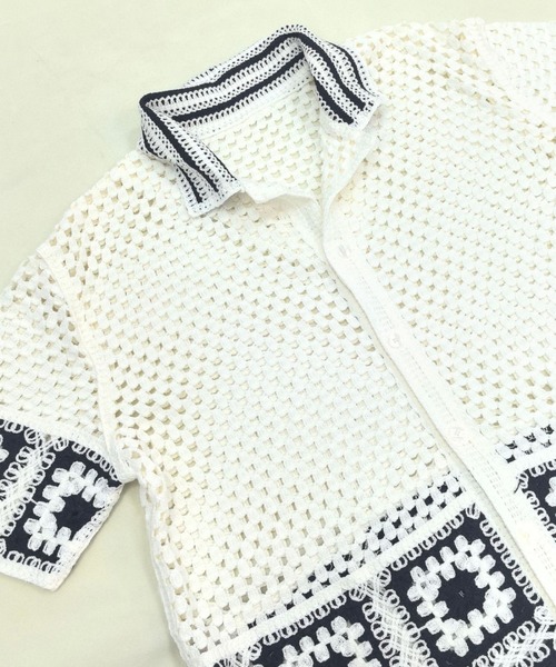 DOUBLE STEAL（ダブルスティール）の「DSクロシェ編みレトロ配色ニット半袖シャツ（Tシャツ/カットソー・メンズ・アイボリー/グレー/ブラウン/ホワイト・FREE）」の10枚目の写真