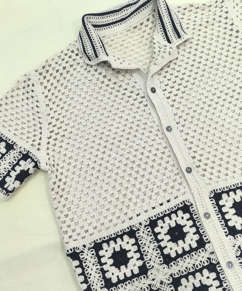 DOUBLE STEAL（ダブルスティール）の「DSクロシェ編みレトロ配色ニット半袖シャツ（Tシャツ/カットソー・メンズ・アイボリー/グレー/ブラウン/ホワイト・FREE）」の9枚目の写真