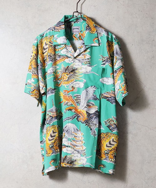 HOUSTON(ヒューストン)の「HOUSTON ヒューストン ALOHA SHIRT 三つ巴 アロハシャツ 半袖 / オープンカラーシャツ / 開襟シャツ(シャツ/ブラウス・メンズ・サックスブルー/ブラック/ミント・L/M/XL)」の4枚目の写真