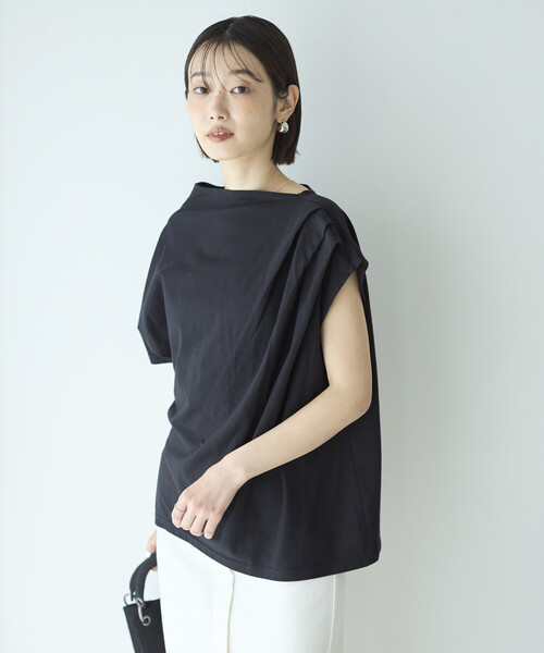 Firsthand(ファーストハンド)の「Firsthand/ファーストハンド オーガニックコットン アシンメトリー ドレープ トップス(Tシャツ/カットソー・レディース・チャコールグレー/ブラック/ホワイト・FREE)」の1枚目の写真