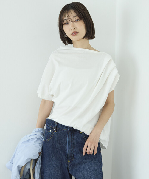 Firsthand(ファーストハンド)の「Firsthand/ファーストハンド オーガニックコットン アシンメトリー ドレープ トップス(Tシャツ/カットソー・レディース・チャコールグレー/ブラック/ホワイト・FREE)」の4枚目の写真
