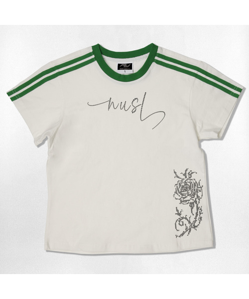 NOTUSUAL(ノットユージュアル)の「ドットローズフォントセミクロップ半袖Tシャツ6色(Tシャツ/カットソー・レディース・ネイビー/ホワイト/ピンク/ホワイト×グリーン/スカイブルー/ライトブラウン・1(S))」の2枚目の写真