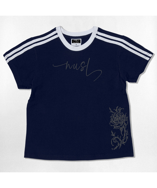 NOTUSUAL(ノットユージュアル)の「ドットローズフォントセミクロップ半袖Tシャツ6色(Tシャツ/カットソー・レディース・ネイビー/ホワイト/ピンク/ホワイト×グリーン/スカイブルー/ライトブラウン・1(S))」の5枚目の写真