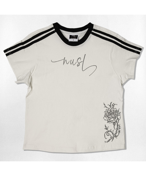 NOTUSUAL(ノットユージュアル)の「ドットローズフォントセミクロップ半袖Tシャツ6色(Tシャツ/カットソー・レディース・ネイビー/ホワイト/ピンク/ホワイト×グリーン/スカイブルー/ライトブラウン・1(S))」の1枚目の写真