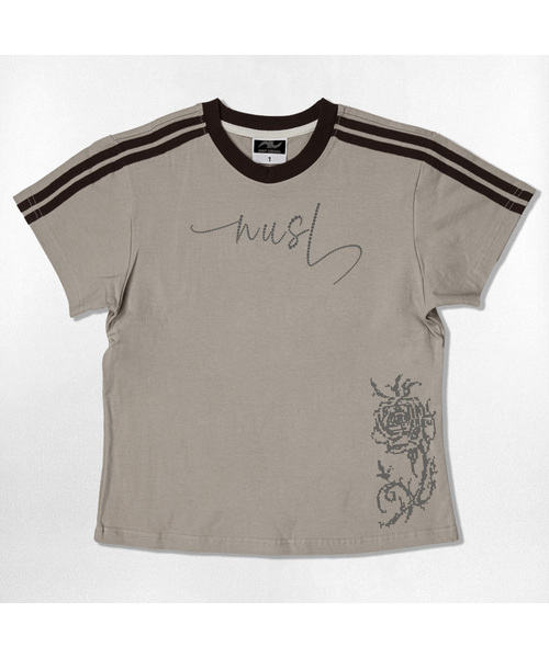 NOTUSUAL(ノットユージュアル)の「ドットローズフォントセミクロップ半袖Tシャツ6色(Tシャツ/カットソー・レディース・ネイビー/ホワイト/ピンク/ホワイト×グリーン/スカイブルー/ライトブラウン・1(S))」の3枚目の写真