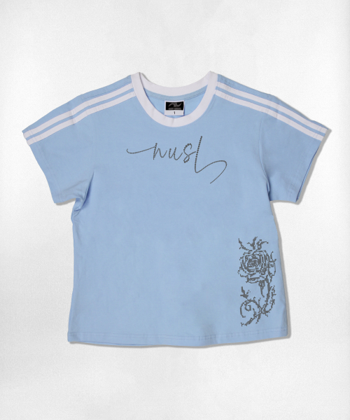 NOTUSUAL(ノットユージュアル)の「ドットローズフォントセミクロップ半袖Tシャツ6色(Tシャツ/カットソー・レディース・ネイビー/ホワイト/ピンク/ホワイト×グリーン/スカイブルー/ライトブラウン・1(S))」の11枚目の写真