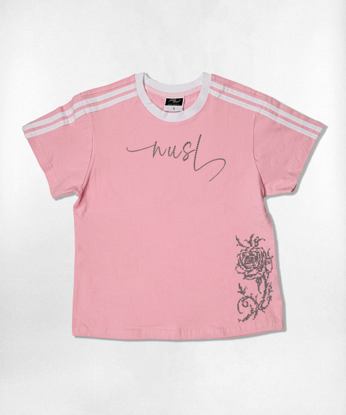 NOTUSUAL(ノットユージュアル)の「ドットローズフォントセミクロップ半袖Tシャツ6色(Tシャツ/カットソー・レディース・ネイビー/ホワイト/ピンク/ホワイト×グリーン/スカイブルー/ライトブラウン・1(S))」の12枚目の写真