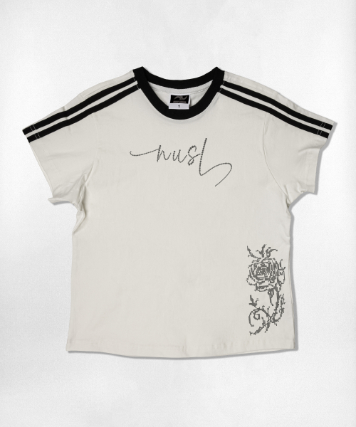 NOTUSUAL(ノットユージュアル)の「ドットローズフォントセミクロップ半袖Tシャツ6色(Tシャツ/カットソー・レディース・ネイビー/ホワイト/ピンク/ホワイト×グリーン/スカイブルー/ライトブラウン・1(S))」の13枚目の写真