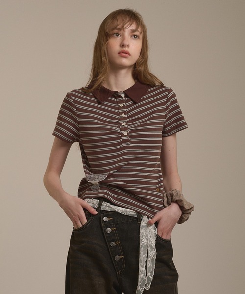 hazyl(ヘイジル)の「gather polo T-shirt / ギャザーポロTシャツ(Tシャツ/カットソー・レディース・ブラウン系その他/グレー・フリー)」の6枚目の写真