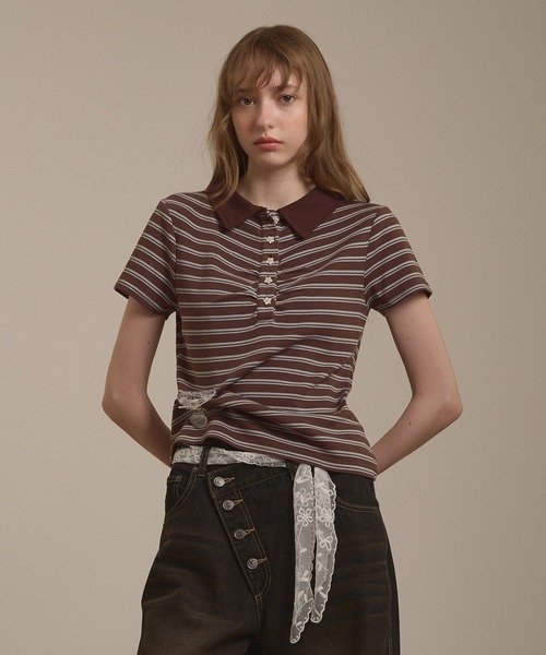 hazyl(ヘイジル)の「gather polo T-shirt / ギャザーポロTシャツ(Tシャツ/カットソー・レディース・ブラウン系その他/グレー・フリー)」の7枚目の写真