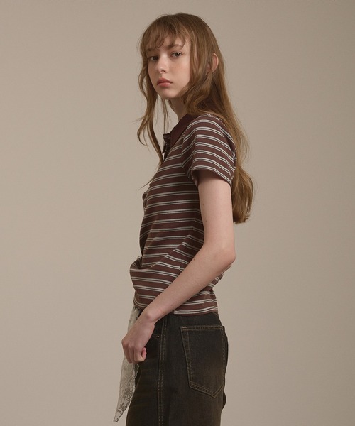 hazyl(ヘイジル)の「gather polo T-shirt / ギャザーポロTシャツ(Tシャツ/カットソー・レディース・ブラウン系その他/グレー・フリー)」の4枚目の写真