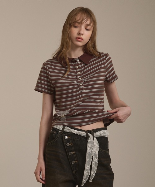 hazyl(ヘイジル)の「gather polo T-shirt / ギャザーポロTシャツ(Tシャツ/カットソー・レディース・ブラウン系その他/グレー・フリー)」の5枚目の写真