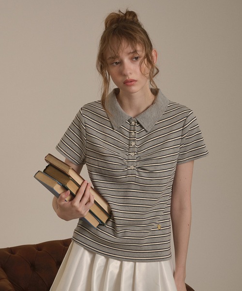 hazyl(ヘイジル)の「gather polo T-shirt / ギャザーポロTシャツ(Tシャツ/カットソー・レディース・ブラウン系その他/グレー・フリー)」の22枚目の写真