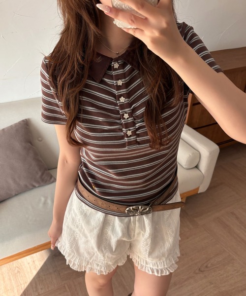 hazyl(ヘイジル)の「gather polo T-shirt / ギャザーポロTシャツ(Tシャツ/カットソー・レディース・ブラウン系その他/グレー・フリー)」の8枚目の写真