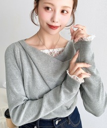 レースレイヤード風ドレープニットプルオーバー