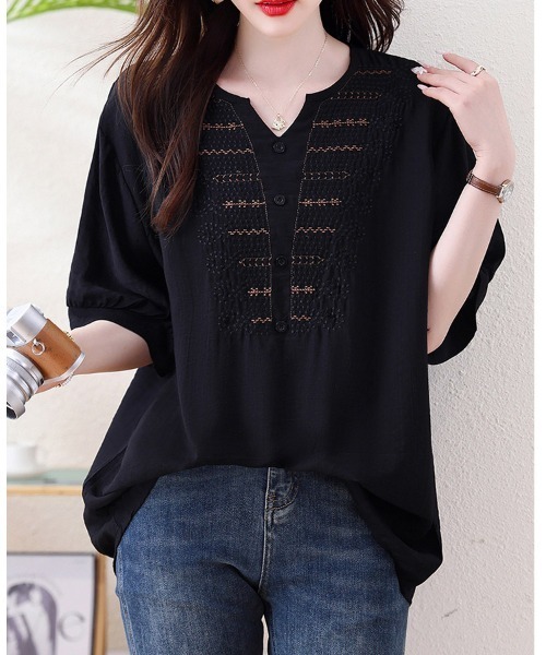ONEP STAR（ワンピスター）の「刺繍風ステッチVネックブラウス（シャツ/ブラウス・レディース・ブラック/ホワイト・MEDIUM/LARGE/X-LARGE）」の7枚目の写真