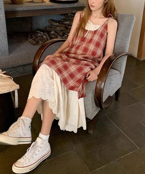LUCPY（ラクピー）の「チェックドッキングキャミワンピース（ワンピース・レディース・レッド/ブルー・X-LARGE/LARGE/MEDIUM/SMALL）」の3枚目の写真