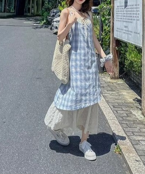LUCPY（ラクピー）の「チェックドッキングキャミワンピース（ワンピース・レディース・レッド/ブルー・X-LARGE/LARGE/MEDIUM/SMALL）」の5枚目の写真