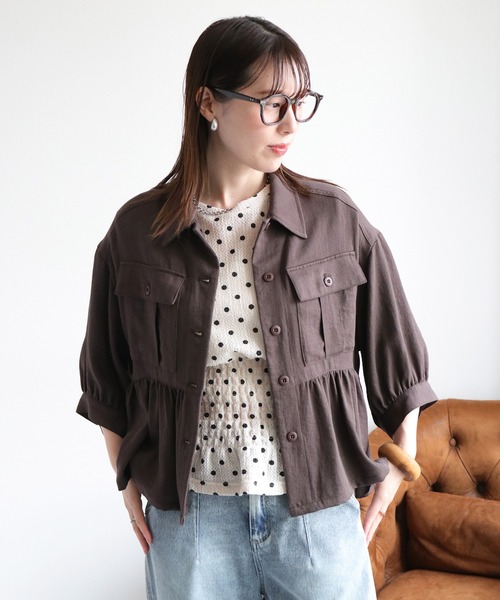 cepo(セポ)の「〈セットアップ対応〉LINENミックス フリルギャザーワークシャツ(シャツ/ブラウス・レディース・チャコール/オリーブ・M)」の1枚目の写真