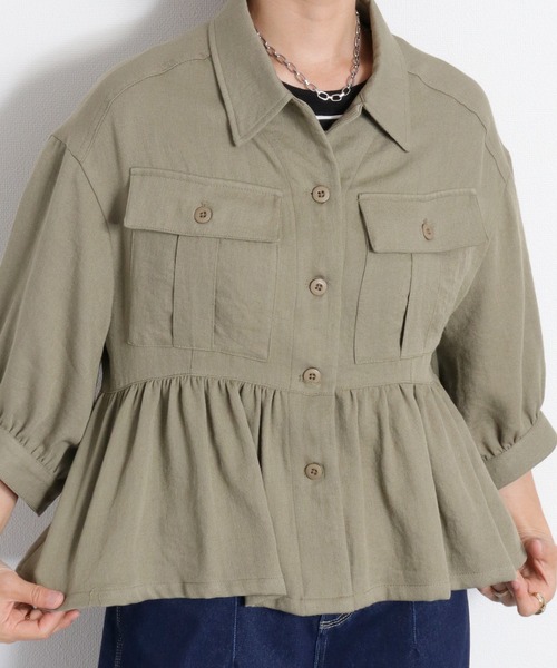 cepo(セポ)の「〈セットアップ対応〉LINENミックス フリルギャザーワークシャツ(シャツ/ブラウス・レディース・チャコール/オリーブ・M)」の5枚目の写真